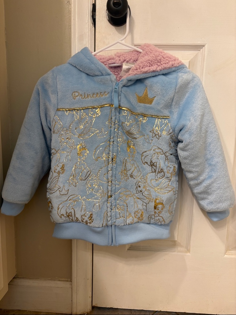 Blue & Pink Velvet and Sherpa Disney "Princess" Hooded Jacket with Gold Accents